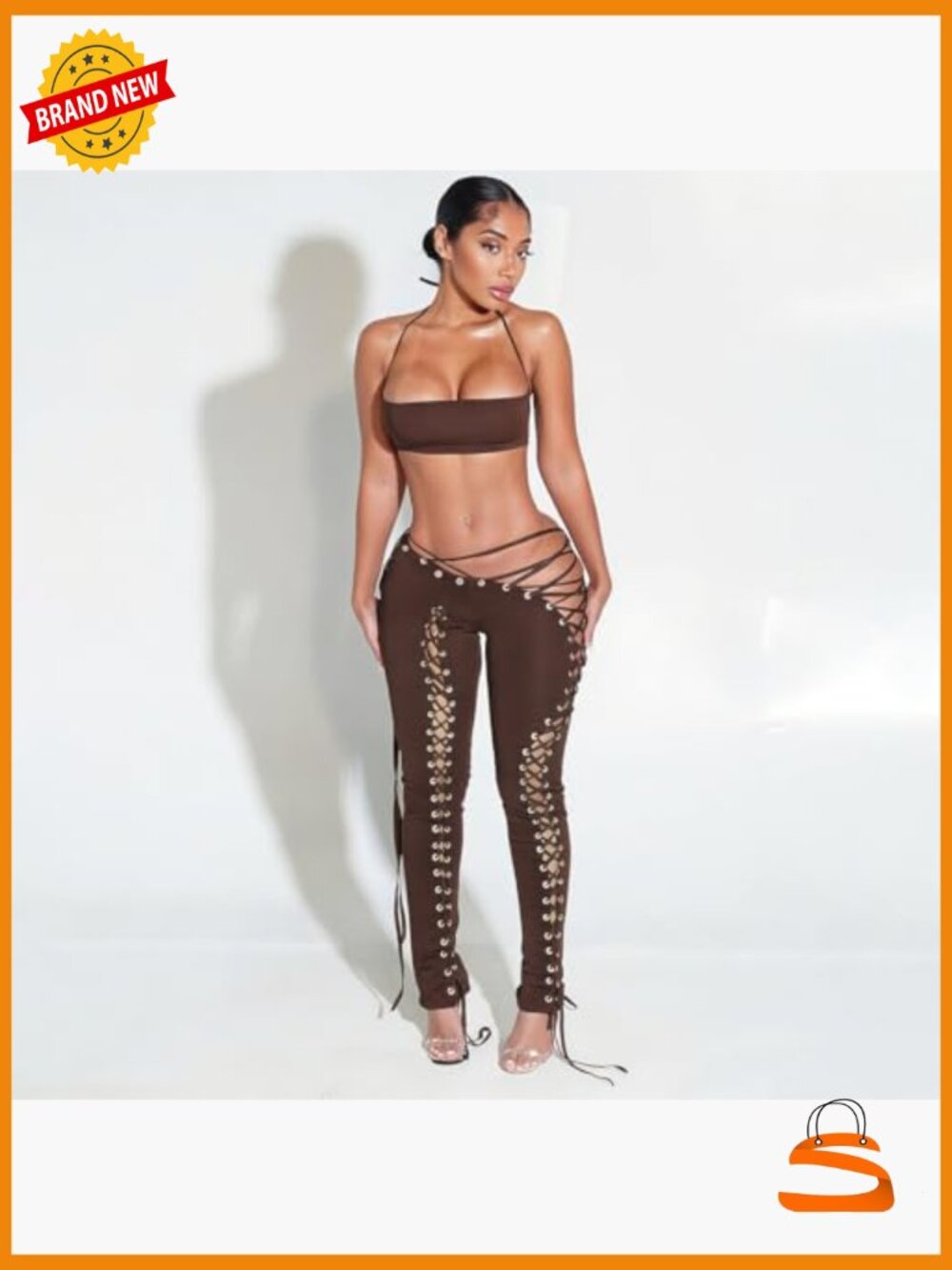 Women's Two Piece Halter Crop Top & Lace Up High Waist Pants Set - Picture 2 of 7